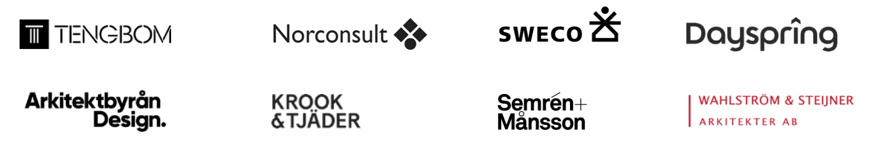 Tengbom, Norconsult, Sweco, Dayspring, Arkitektbyrån Design, Krook & Tjäder, Semrén + Månsson, Wahlström & Steijner